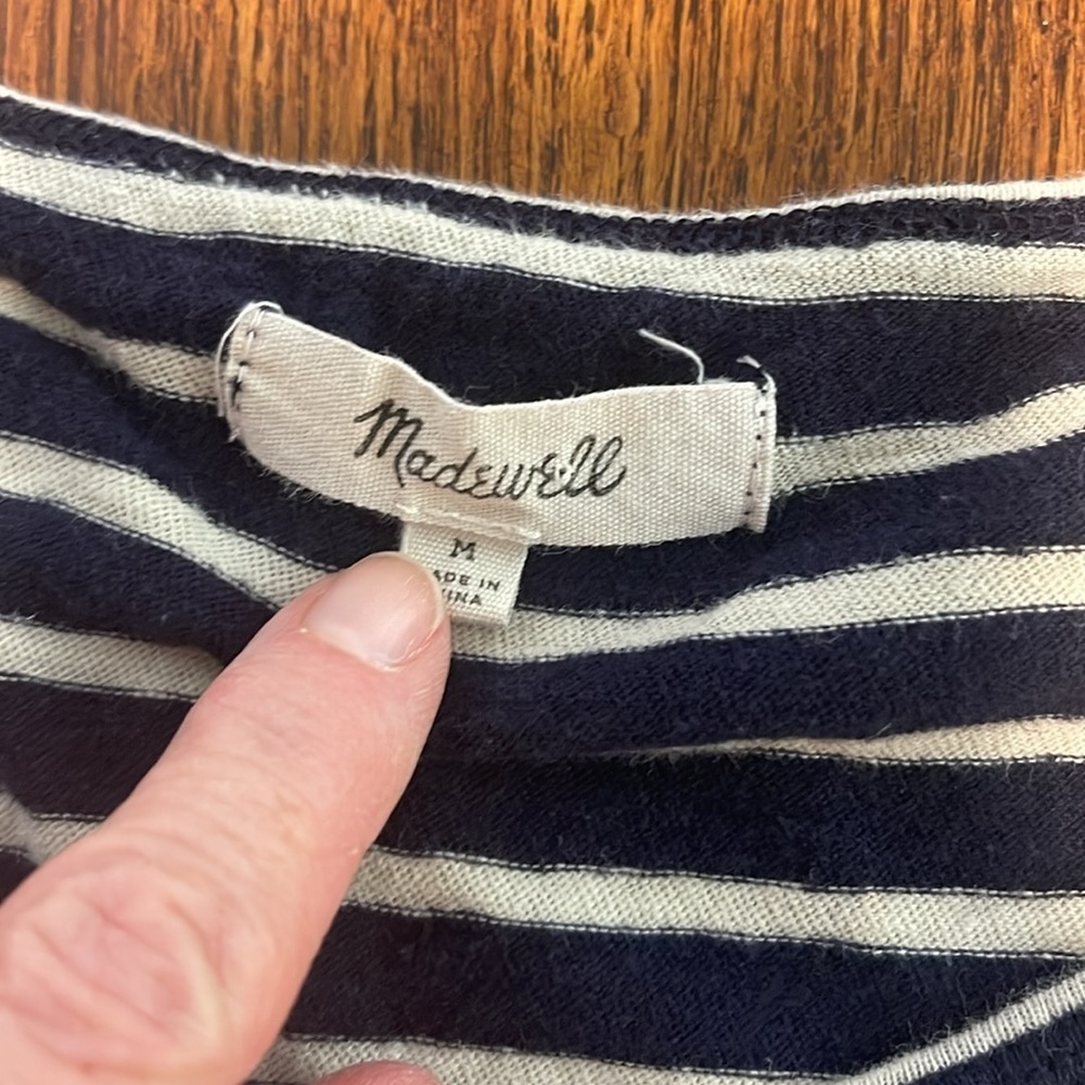Madewell Striped Short Sleeve top Navy blue white Medium Peplum linen cotton - Picture 4 of 7